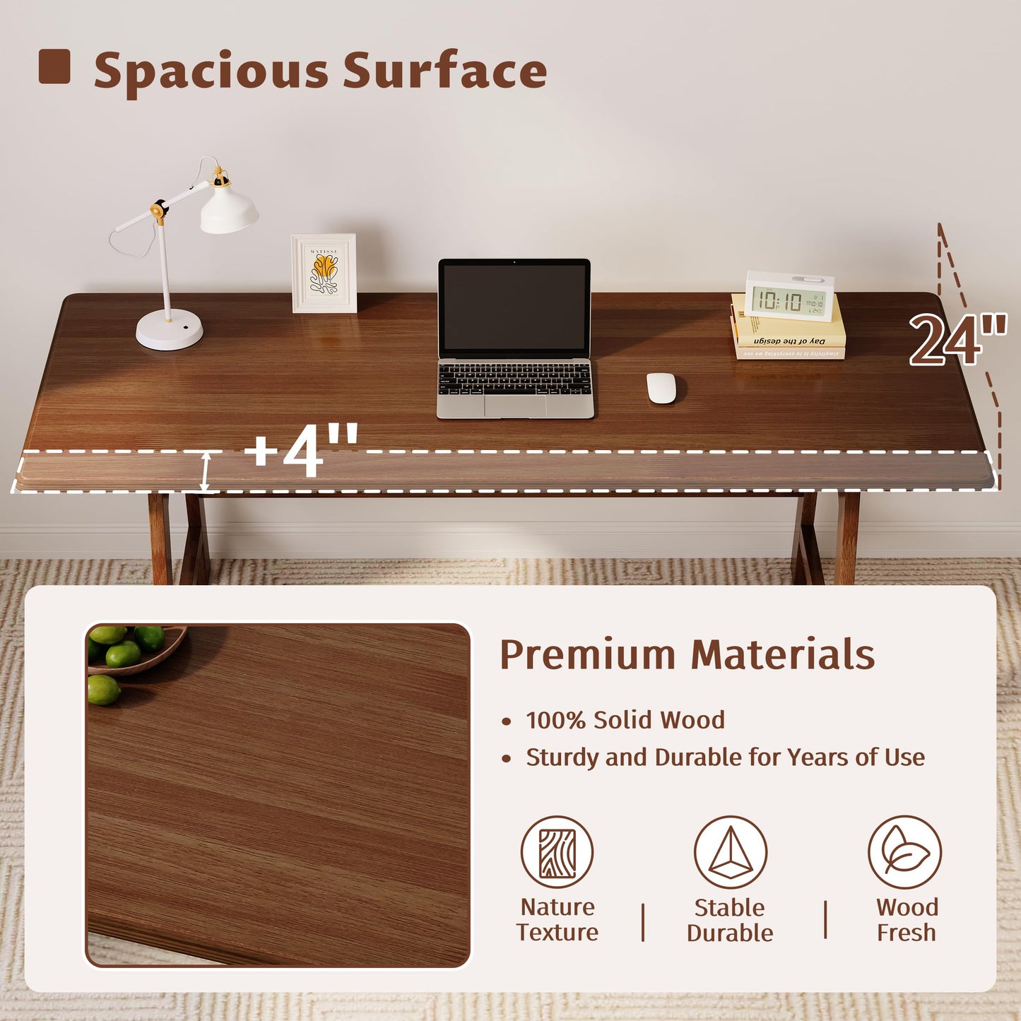 IOTXY Solid Wood Writing Table - 60" W x 24" D Minimalist Computer Desk for Home Office, Work, Study, Creativity, and PC Workstation, Walnut