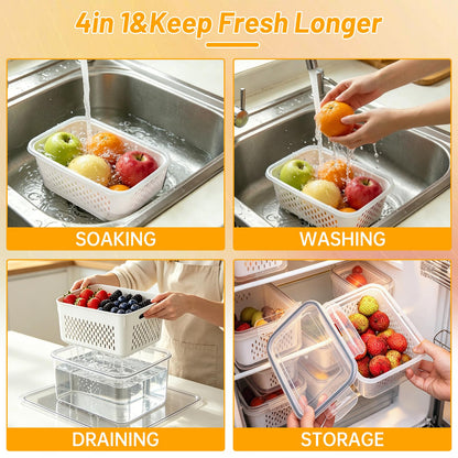 IKKAB 3 Pack Fruit Storage Containers for Fridge with Removable Colander, Airtight Produce Storage Containers for Fridge, 4-in-1 Fruit and Vegetable Storage, Berry Keeper, Stackable Veggie Containers