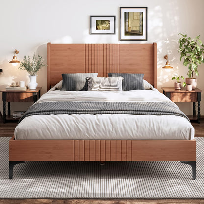 KEIKI Full Size Platform Bed with Bamboo-Made Structure, Mid-Century Style Bed Frame with Chic Headboard, Sustainable Bedframe Full for Bedroom, Easy Assembly, No Box Spring Needed, Natural