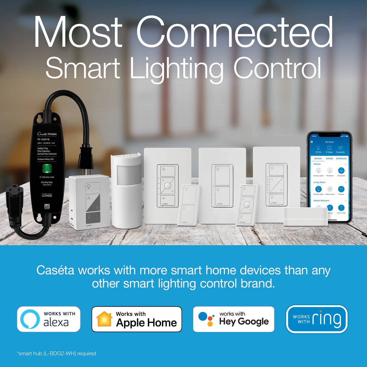 Lutron Caseta Original Smart Light Switch (Lutron Smart Hub Required), for Home, LED Lights, and Fans, 6 Amp, Single-Pole/3-Way, Neutral Required, PD-6ANS-WH, White