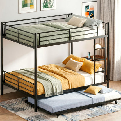 Mixcous Full Over Full Bunk Bed with Trundle, Heavy Duty Metal Bed Frame with Full-Length Guardrails & Ladder, 3-in-1 Convertible Full Bunk Bed, Noise-Free, No Box Spring Needed, Black