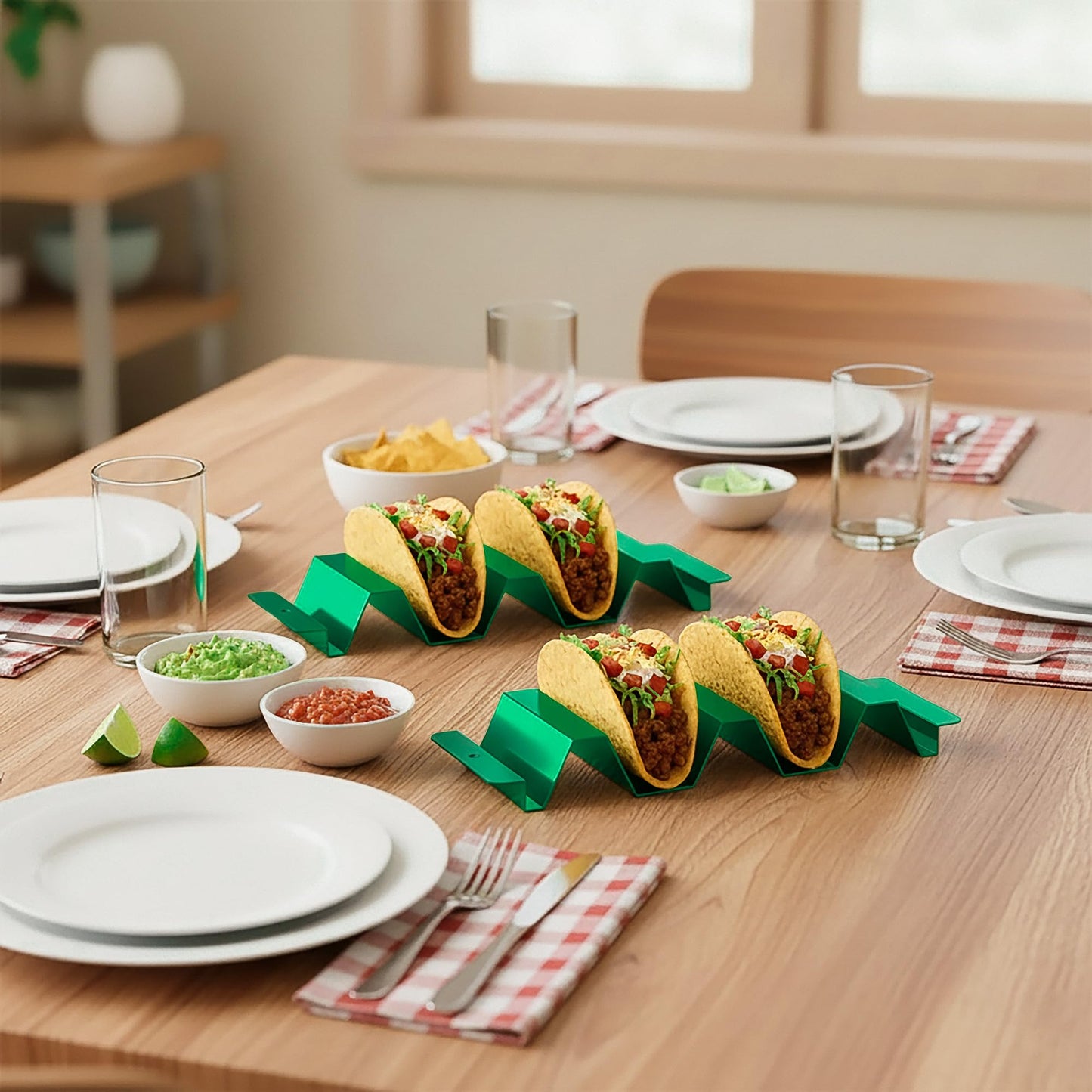 Junverelle 4 Pack Stainless Steel Taco Holder Stand, Integrated Molded Taco Rack with Hanging Hole, Oven & Grill Compatible Taco Shell Holder for 2 or 3 Tacos, Dishwasher Friendly, Green