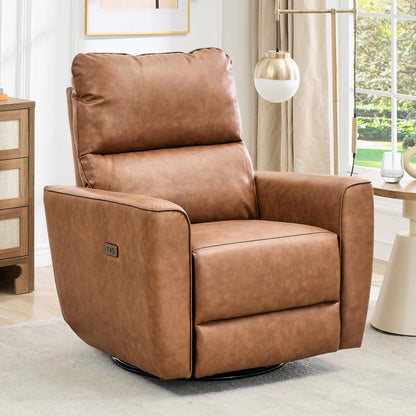 GarveeHome Power Recliner Chair, 270° Swivel Rocking Glider with USB Charging Port, PU Leather Upholstered Fabric, Ergonomic Modern Nursery Chair for Living Room, Bedroom, Nursery (Brown)