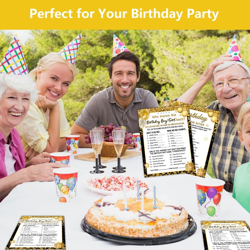 HOMANGA Who Knows The Birthday Boy Girl Best, Birthday Game Cards for Party Activities, Birthday Game Cards for Teens Kids Girls Boys Sleepover Party - Set of 30 (Black Gold, Double-Sided)