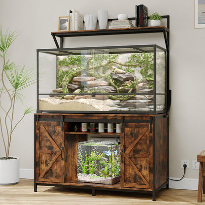 VOWNER Farmhouse Reptile Tank Stand with Power Outlet, 48" X 24" Tabletop Fits up 120 Gallon Bearded Dragon Tank, Heavy Duty Aquarium Stand with Storage Cabinet, Reptile Turtle Terrarium Stand Brown