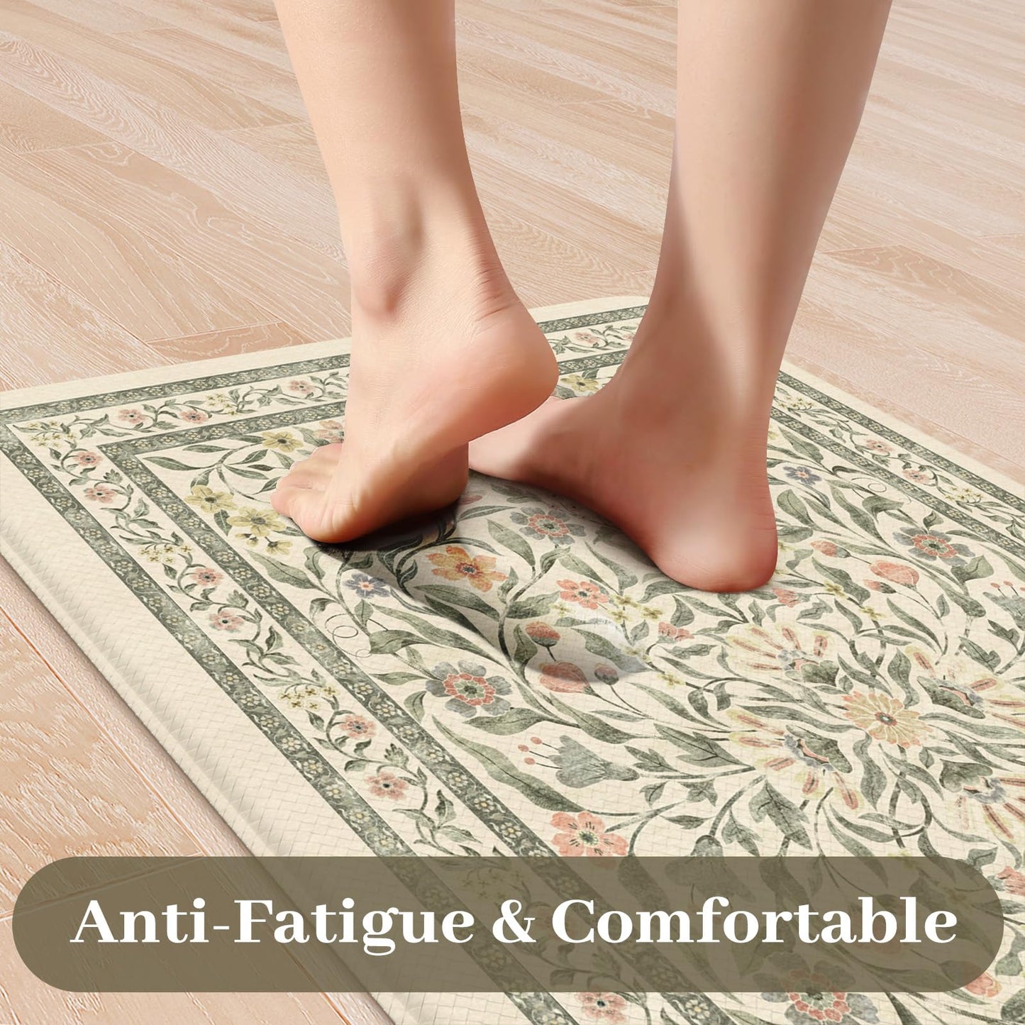 KIMODE Anti Fatigue Kitchen Mats for Floor, Boho Floral Kitchen Rugs Sets of 2, Cushioned Kitchen Floor Mats Non Slip, Comfort Spring Rugs for Kitchen Floor Sink Laundry Desk Beige 17.3"x29"+17.3"x47"