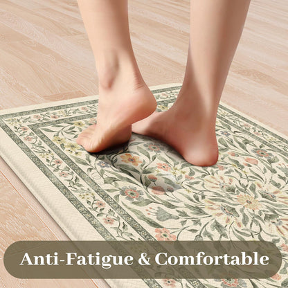 KIMODE Anti Fatigue Kitchen Mats for Floor, Boho Floral Kitchen Rugs Sets of 2, Cushioned Kitchen Floor Mats Non Slip, Comfort Spring Rugs for Kitchen Floor Sink Laundry Desk Beige 17.3"x29"+17.3"x47"