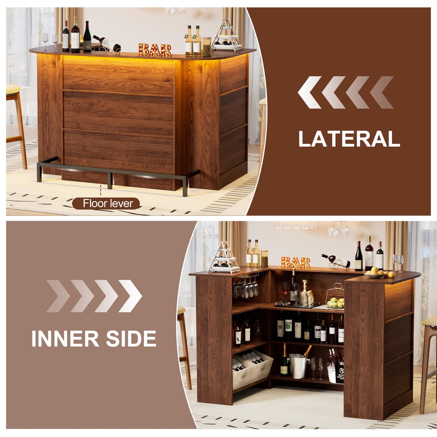 PAKASEPT Home Unit Bar Cabinet with LED Light & Stemware Holders, 3 Tier Liquor Bar Wooden Storage Cabinet, Modern U-Shaped Liquor Table Cabinet for Living Room, Dining Room
