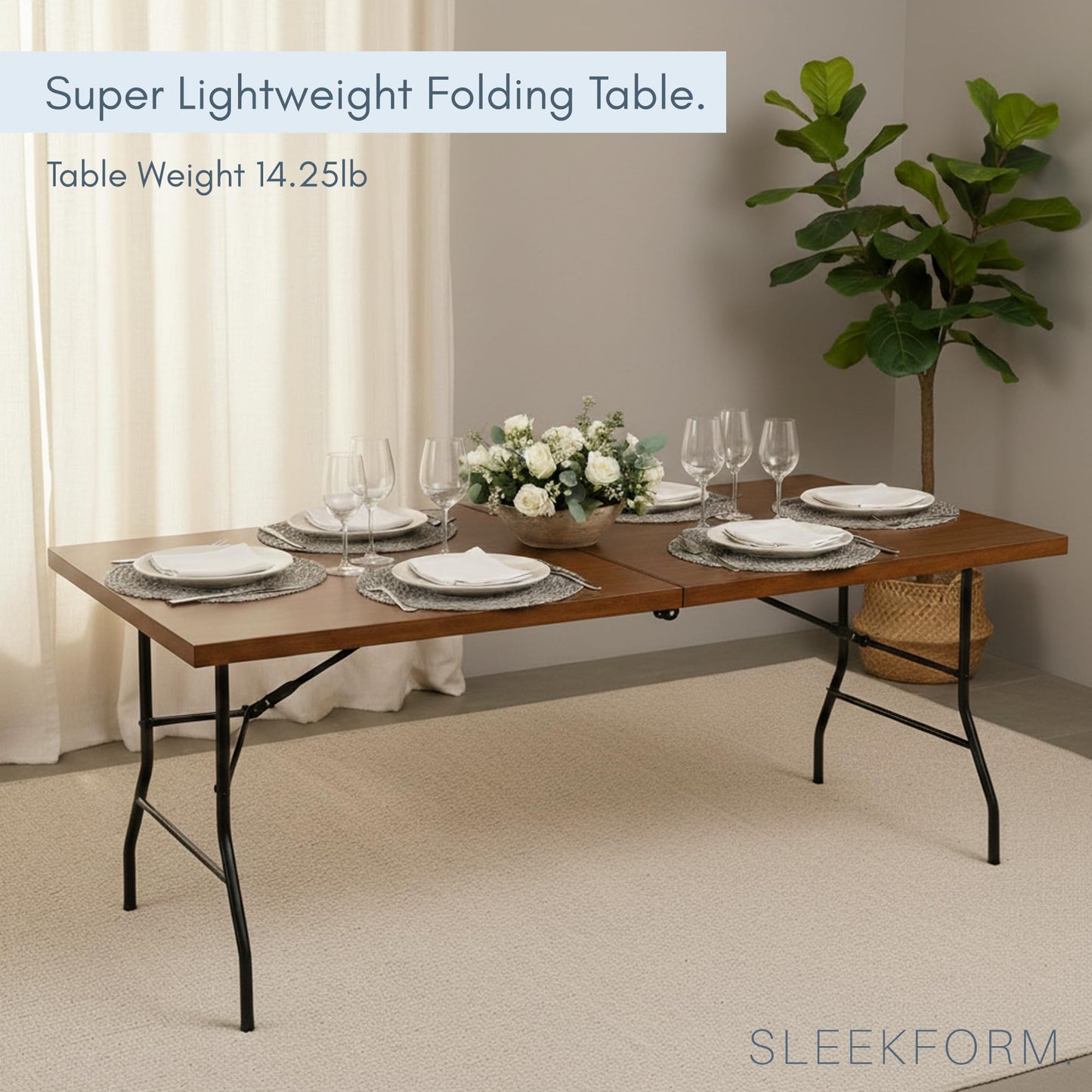 Sleekform 6ft Wooden Folding Table with Handle, Wood Folding Banquet Tables for Dinner - 6 Foot x 28 in, Portable, Sturdy & Lightweight Foldable Table for Dinner, Conference or Picnic - Walnut