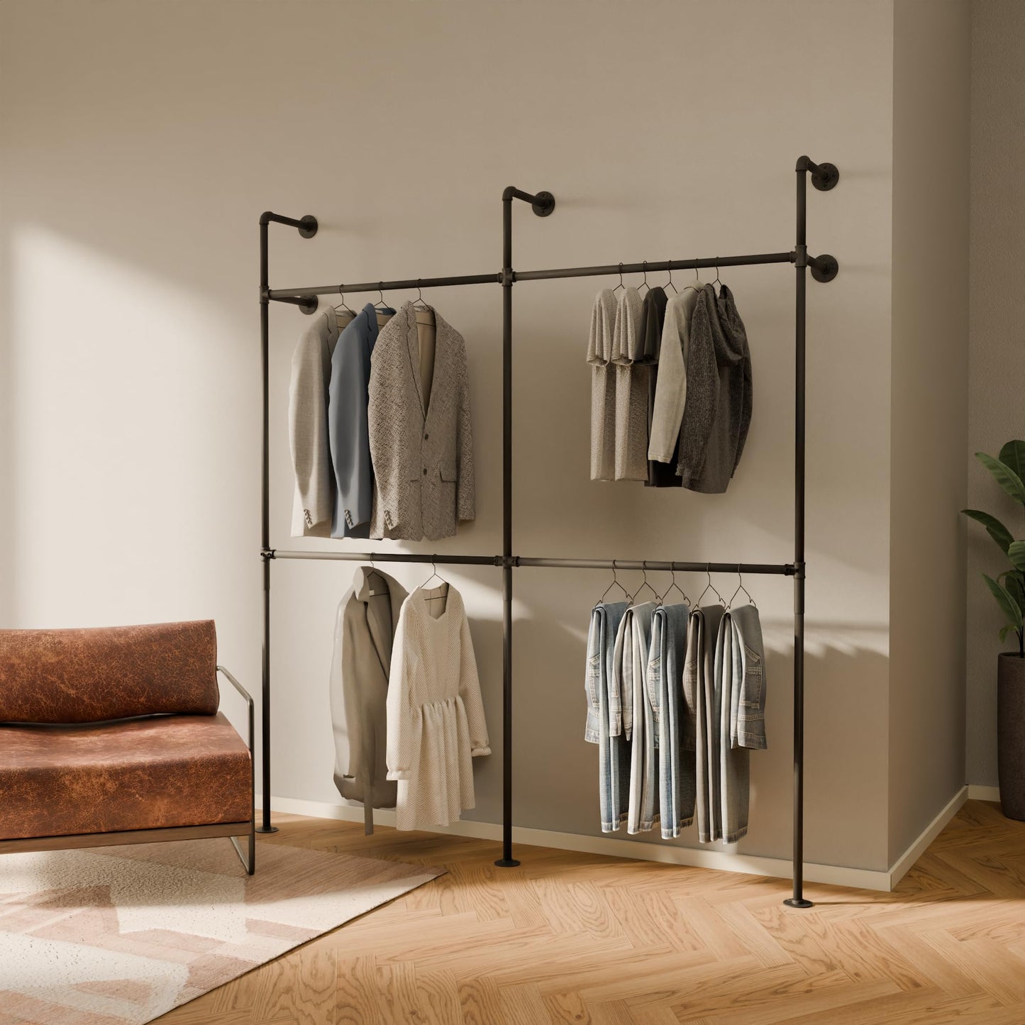 pamo Industrial Pipe Clothing Rack – Wall Mounted Black Closet System in Powder-Coated Steel – 79.13" W × 87.4" H – Easy Setup – Ideal for Walk-In Closets & Retail Use