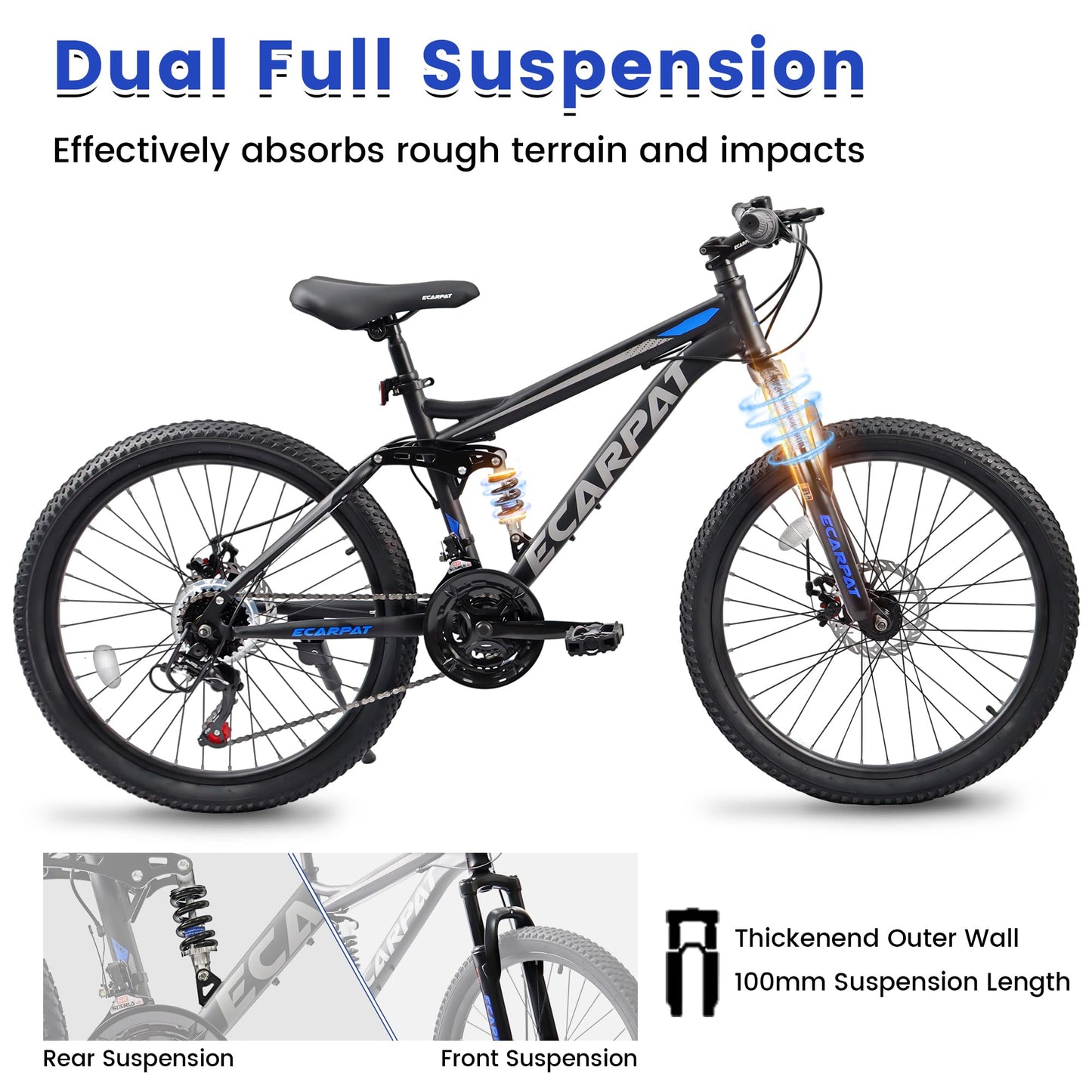 KIAPALNO 26 Inch Mountain Bike, Dual Full Suspension 21 Speed Womens Mens Mountain Bikes, Commuter Bike with Carbon Steel Frame and Dual Disc Brakes