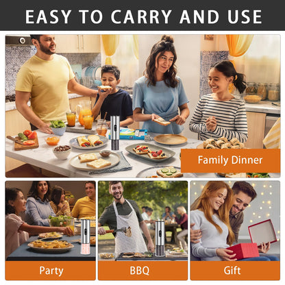 Enutogo Salt and Pepper Grinder Set, Electric Salt Pepper Shakers with Adjustable Coarseness, Automatic Salt Mill Grinder, Rechargeable Salt Grinder Refillable, One-Hand Operation with LED Light (2)
