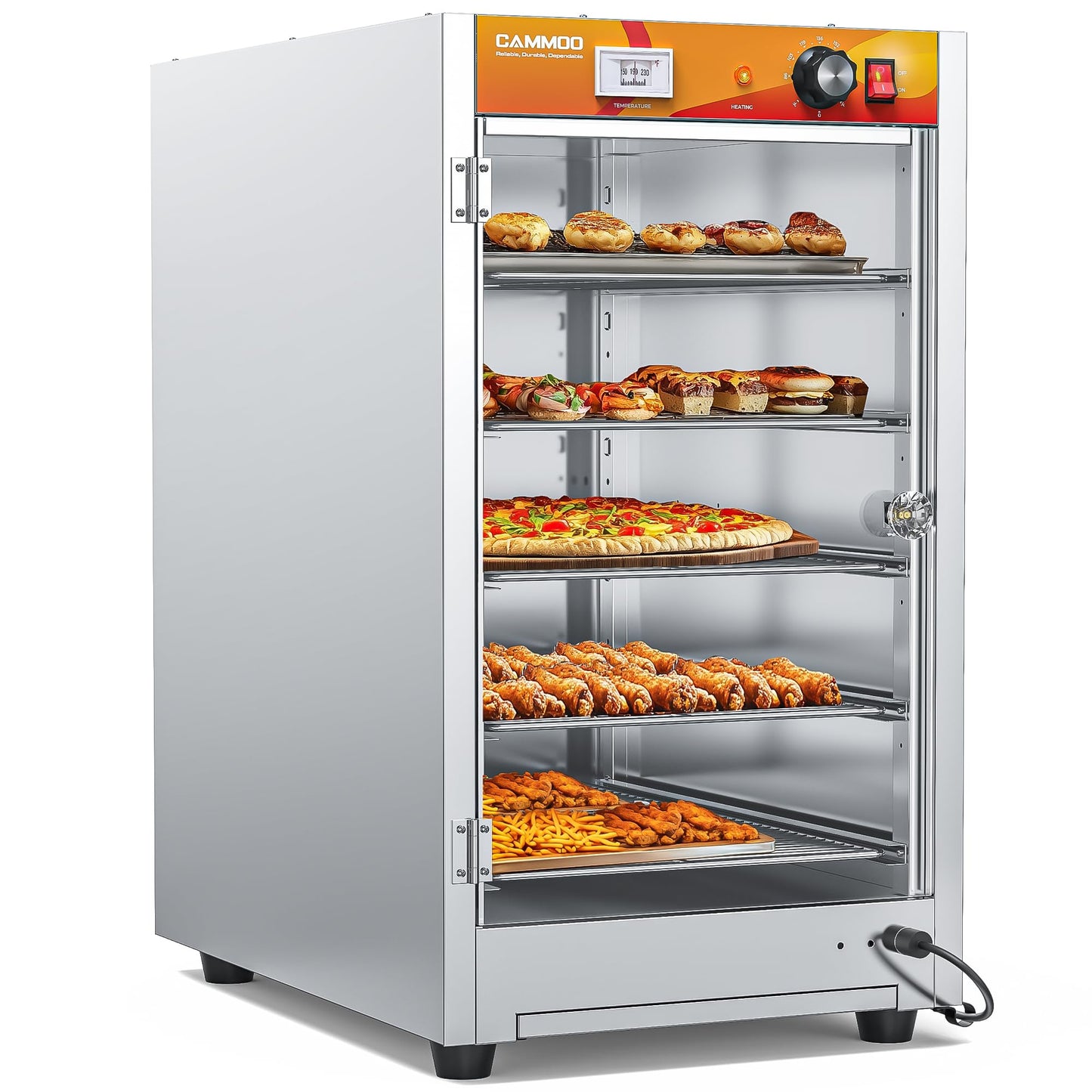 CAMMOO 133Qt 5-Tier 900W Commercial Food Warmer w/ 304 Blued Stainless Steel Heating Element, Single-Tempered Glass Door, Adjustable Shelf, Electric Catering Hot Box Countertop Heated Holding Cabinet