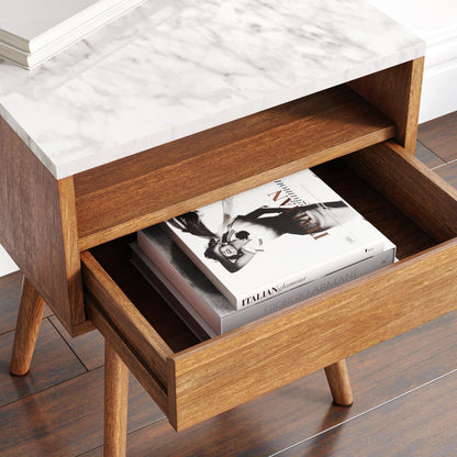 Nathan James Mid-Century James Faux White Marble Accent Side or End Table with Walnut Finish and Marble Table-top with Storage, White/Brown, Set of 2