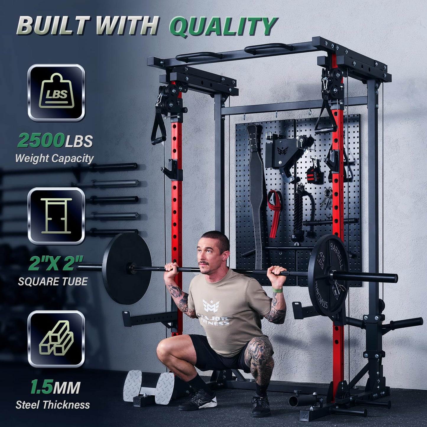 MAJOR FITNESS Drone3 Power Rack, 2500lbs Multi-Function Home Gym Squat Rack with Dual Pulley System, Pull-Up Bar & J-Hooks, Heavy-Duty Steel Frame for Maximum Stability & Strength Training