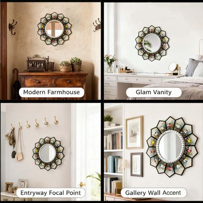 WTVLAX Sunburst Mirror Design Featuring Moroccan Style,2D Pattern 11.8inch Home Decorative Mirror for Living Room Bedroom Entryway The Pattern is Printed (Tulip+Sunburst)