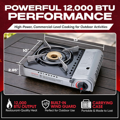Chef Master 12,000 BTU Portable Butane Stove - Gas Burner for Camping & Outdoor Cooking - Countertop Cooktop with Carry Case, Wind Guard & Electronic Ignition - Portable Cooker & Burner Stove – 90235