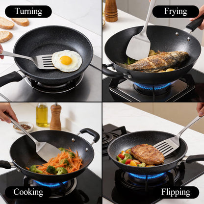 ChefBee 2PCS Metal Spatula Set - Stainless Steel Spatula Solid & Slotted Turner Flipper for Kitchen Use, Heat Resistant Kitchen Cooking Utensils for Flipping Fish, Eggs, Pancakes, Dishwasher Safe