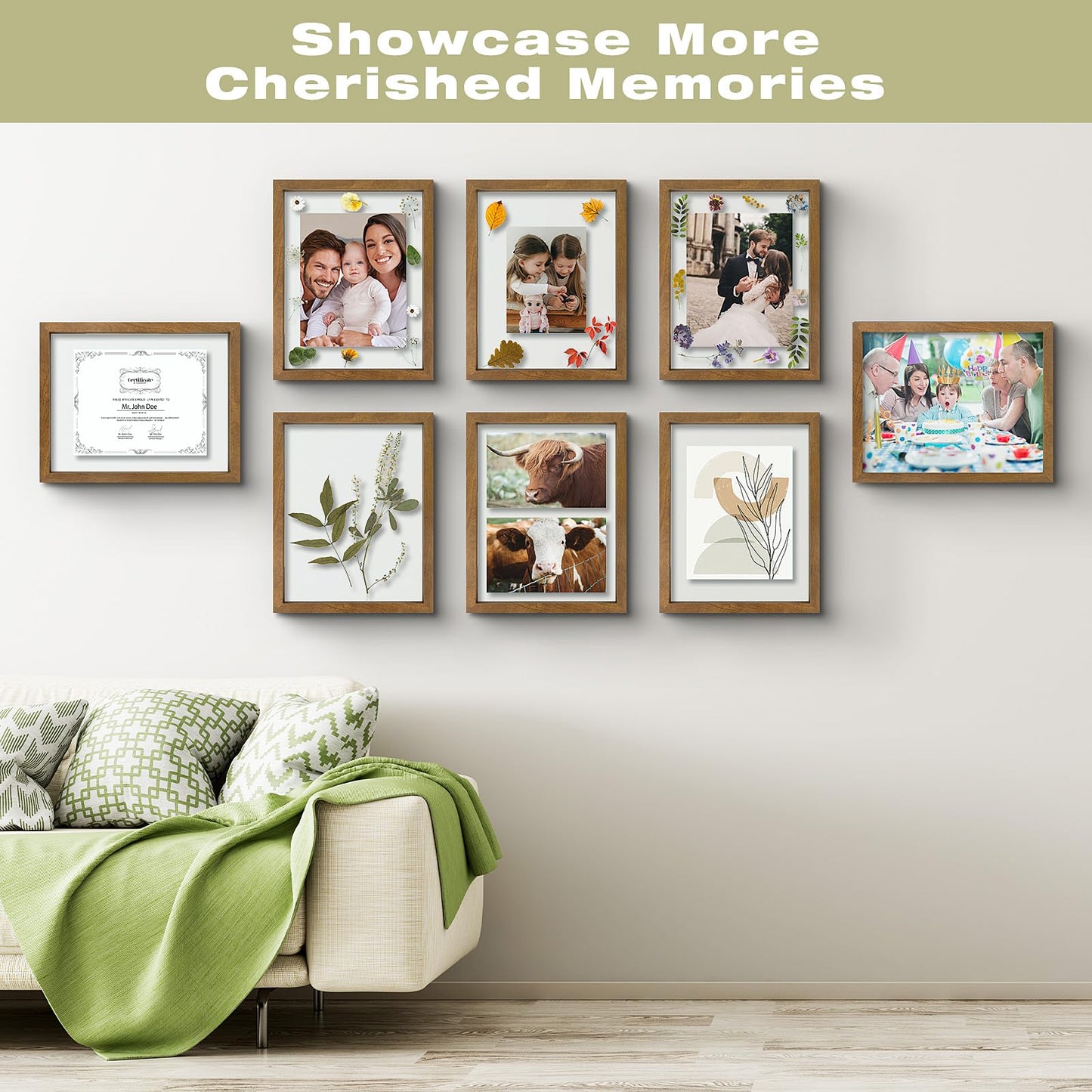 11x14 Floating Picture Frame - Brown Solid Wood Frame for Pressed Flower - Real Glass of Front - Use as 8x10 or 5x7 Picture Frame - for Wall Mount Display (Brown, 1 Pack)