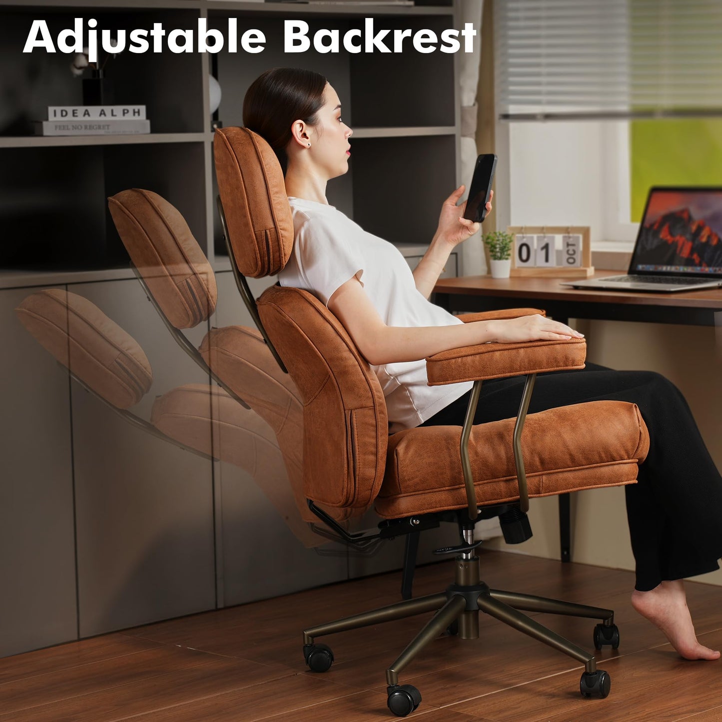 weaxty W Brown Leather Home Office Chair, Ergonomic High Back Executive Chair with Deep Seat Thick Cushion, Mid Century Modern Big and Tall Computer Desk Chair with Lumbar Support (Light Brown Suede)