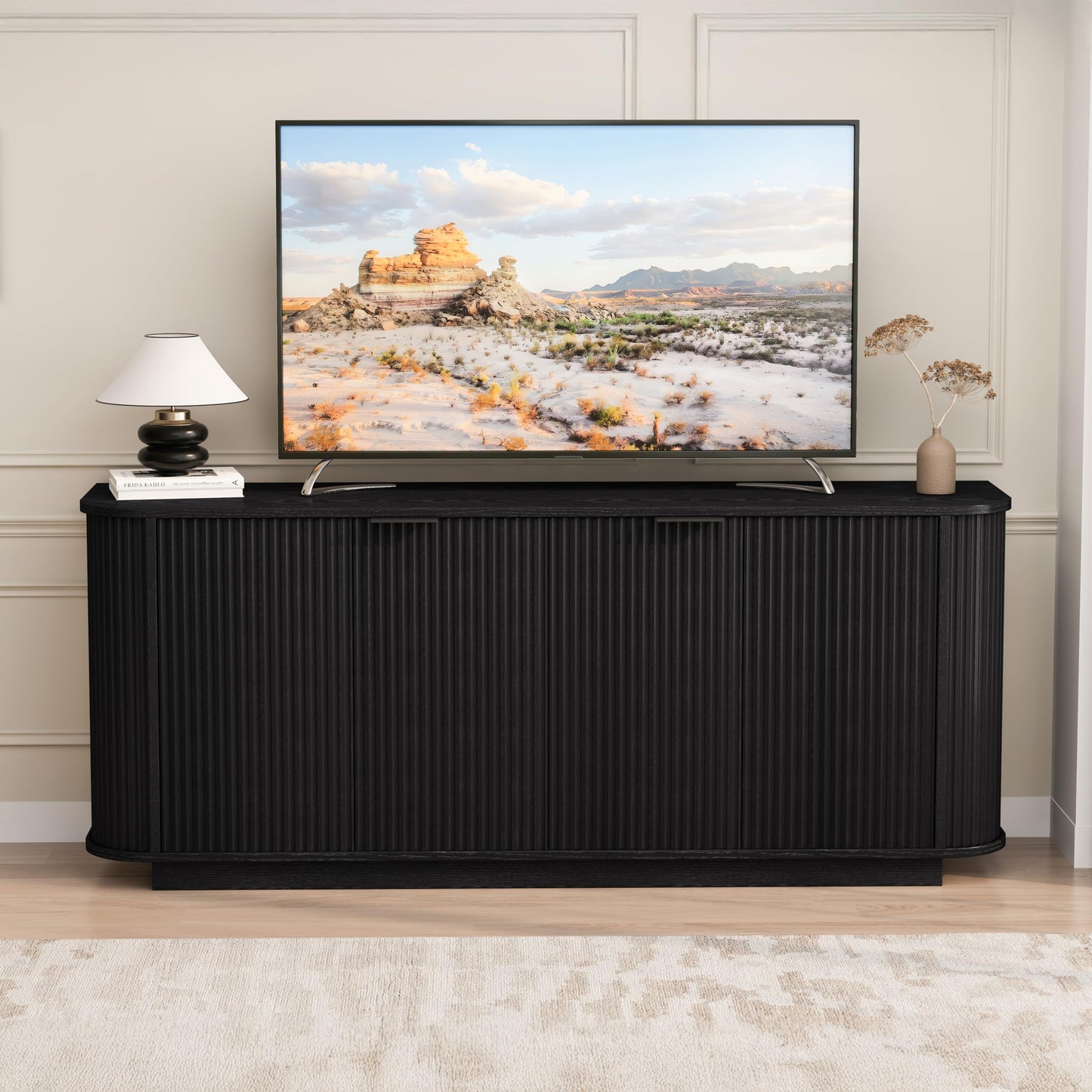 GDFStudio 63" Mid Century Modern Buffet Cabinet with Wavy Doors, Wood Sideboard Cabinet with Adjustable Shelves & 2 Doors, Storage Credenza Console Table for Dining Room Living Room Entryway, Black