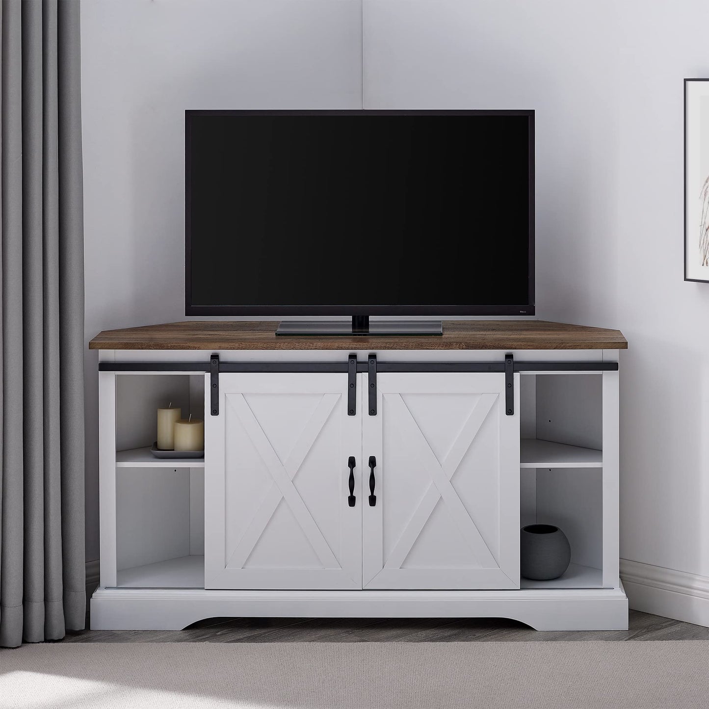 Walker Edison Everette Modern Farmhouse Double Sliding X Barn Door TV Stand for TVs up to 58 Inches 52 Inch Reclaimed Barnwood and Solid White