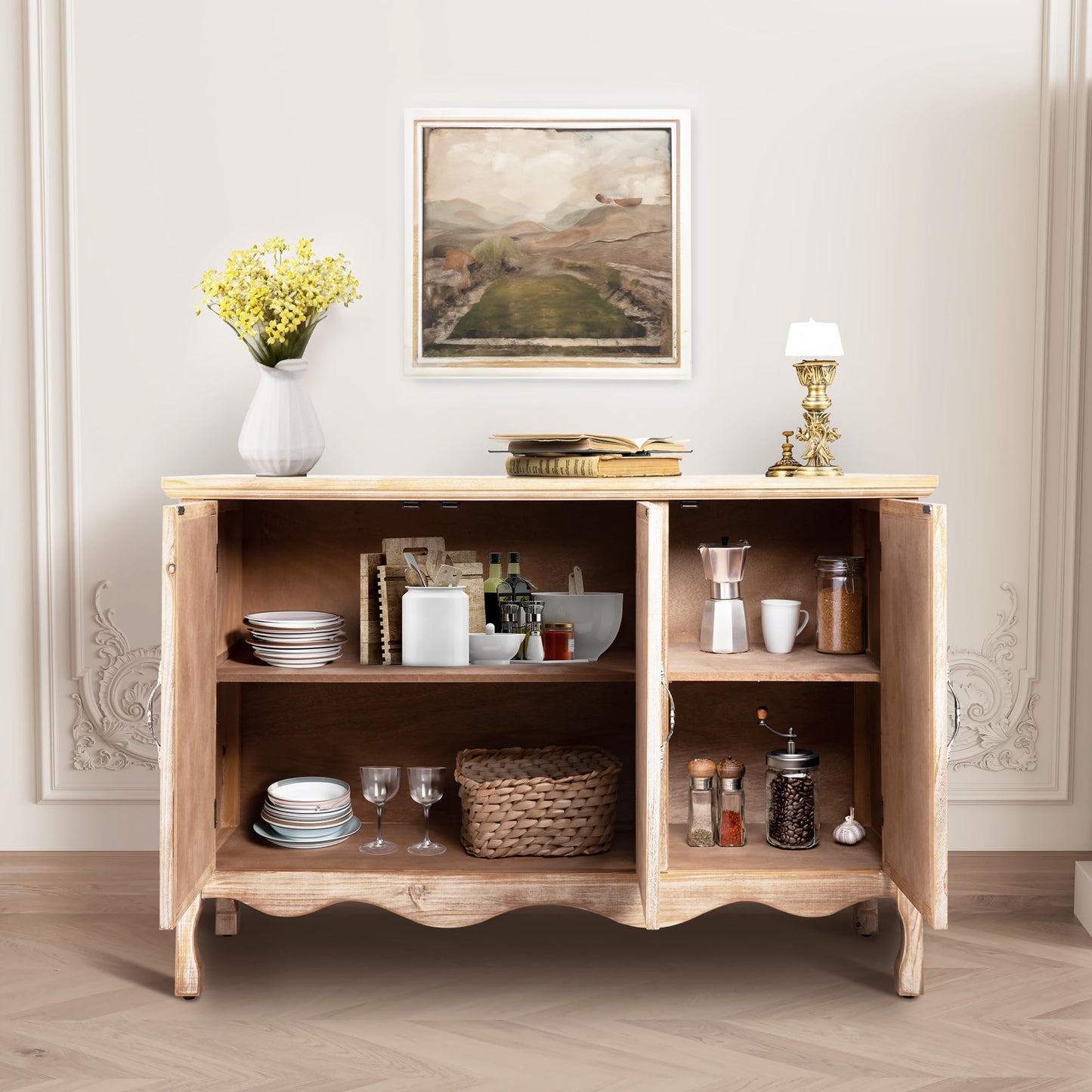 FansaFurn Accent Storage Cabinet with 3 Carved Doors and Shelves, Farmhouse Sideboard Buffet Sideboard with Storage, Wood Kitchen Cabinet for Living Room, Entryway, Dining Room and Kitchen, Natural