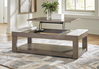 Signature Design by Ashley Loyaska Casual Lift-Top Coffee Table with 1 Lower Shelf, Marble Accents and Casters, Brown & White