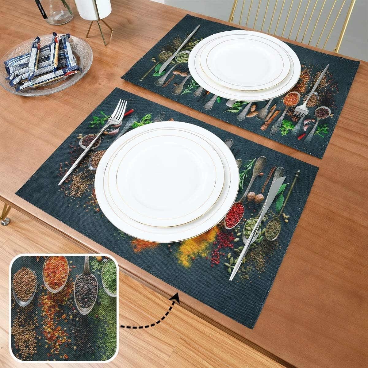 Cooking Herbs Spices Placemats Set of 4, Washable Non-Slip Heat Resistant Place Mats for Kitchen