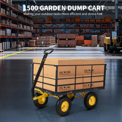 Patikuin 1500 lbs Heavy Duty Steel Garden Cart – Removable Mesh Sides – 13-Inch All-Terrain Wheels – Swivel Yellow Handlebar – Quick Dump – Folding Utility Yard Wagon for Soil, Tools, Plants – Black
