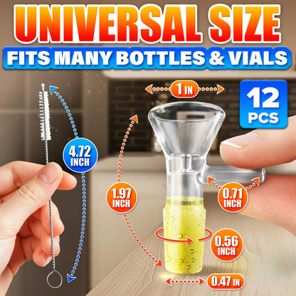 12-Pack 14mm Glass Funnel with Handle – Thick Spill-Resistant Clear Glass Funnels for Liquids and Oils – Easy Pouring, Ergonomic Handle for Kitchen & DIY Projects | 2 Cleaning Brushes for Easy Clean