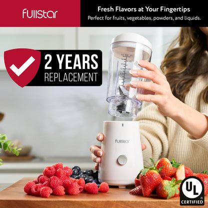 Fullstar Portable Blender for Smoothies and Shakes – 15 oz Mini Personal Travel Blender with Sipper Lid, Compact Smoothie Maker for Office, Home, and Kitchen (White)