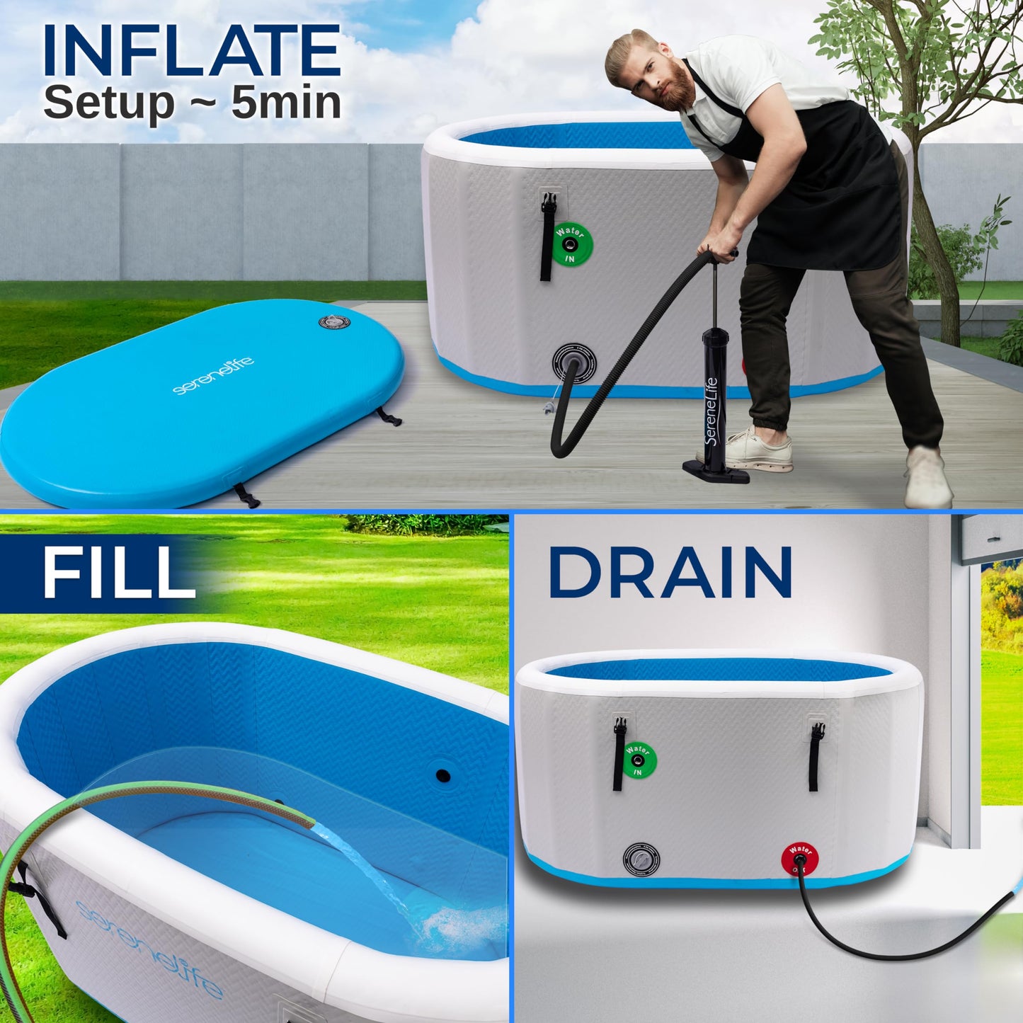SereneLife Inflatable Insulated Cold Plunge Tub - One Person Ice Bath Tub with Lid, Cold Plunge Therapy Recovery Pod for Athletes with 105 Gallons Capacity, 53.15 x 31.50”