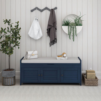 GDFStudio Jasd Storage Bench with 3 Shutter-Shaped Doors, Shoe Bench with Removable Cushion and Hidden Storage Space, Large Organizer Space, Wooden Foot Rest for Living Room Entryway, Antique Navy