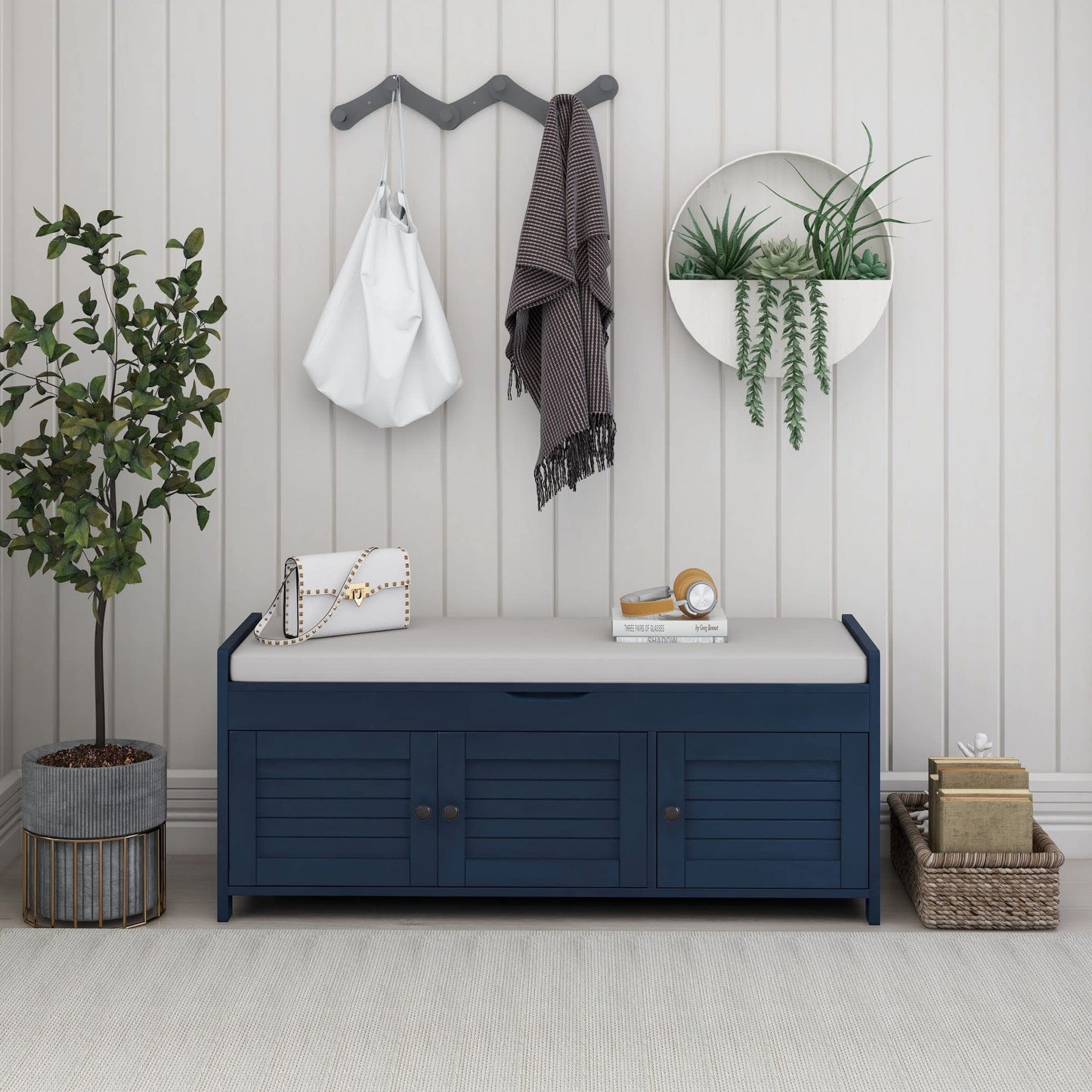 Merax Farmhouse Wood Shoe Bench with Seat Cushion Window Storage Cabinets for Entryway Hallway Living Room Antique Navy