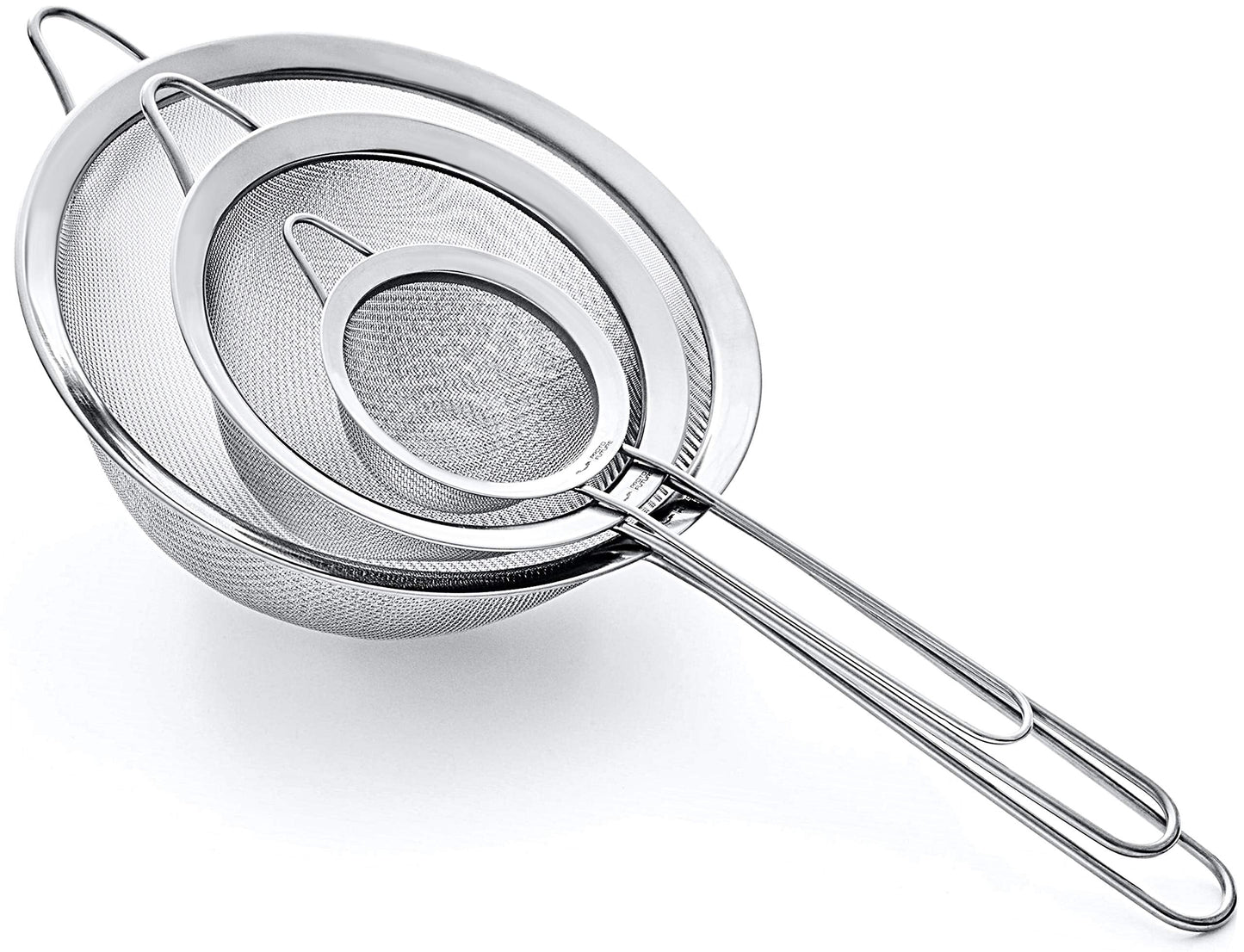 Proto Future Strainer Set Fine Mesh – Premium 304 Stainless Steel (18/8) – 8″, 5.5″ and 3.3″ Sturdy Kitchen Strainers (Silver)