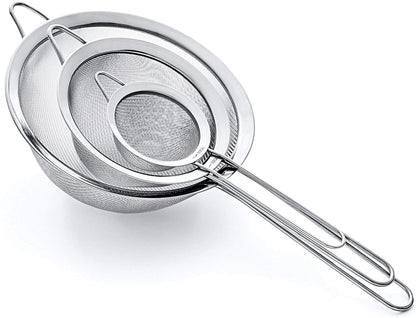 Proto Future Strainer Set Fine Mesh – Premium 304 Stainless Steel (18/8) – 8″, 5.5″ and 3.3″ Sturdy Kitchen Strainers (Silver)
