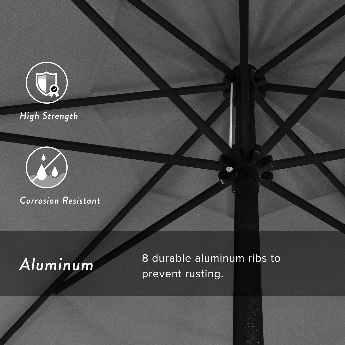 California Umbrella 12-Year Protection 9' Rd Aluminum Patio Umbrella, Crank Lift, Auto Tilt, Black Finish, Sunbrella Granite