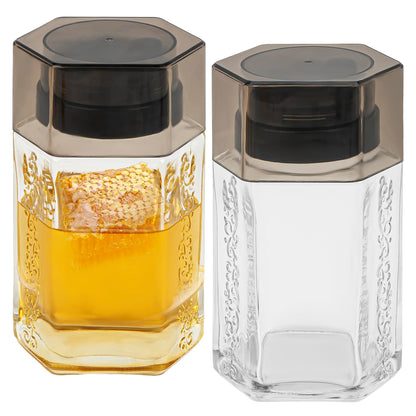 DODAMOUR 2 Pack Glass Honey Dispenser, Hexagonal Syrup Dispenser for Coffee Bar, No-Drip Honey Pot Container with Stand, Oil Vinegar Cruet for Kitchen, Pancakes, Waffles (12oz/360ml)