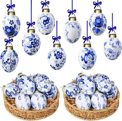 9 (9 Funtery Pcs Chinoiserie Porcelain Blue and White Easter Egg Hanging Pendants - Decorative Hanging Ornaments