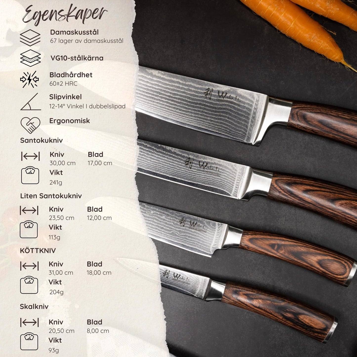 Wakoli EDIB 4-Piece Damascus Knife Block Set – Professional Kitchen Knives with Magnetic Acacia Block, 67-Layer Damascus Steel Blades and Ergonomic Pakkawood Handles – Premium Knife Set with Block