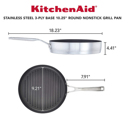 KitchenAid 71012 3-Ply Base Brushed Stainless Steel Nonstick Round Grill Pan/Griddle, 10.25 Inch