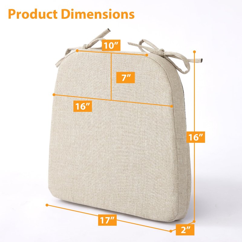 Ruqmuis Chair Cushions for Dining Chairs, 2" Thick Seat Cushions for Kitchen Chairs, D-Shaped Chair Pads with Washable Cover, Ties and Non Slip Backing, 17'' x 16'', Set of 6, Beige
