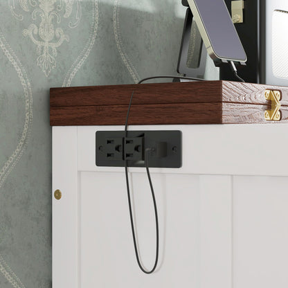Bellemave Full Murphy Bed with Storage Drawer and Charging Station, Cabinet Bed, Farmhouse Murphy Cabinet with Foldable Panel, Noisy Free, for Guest Bedroom, Living Room, White+Walnut Panel