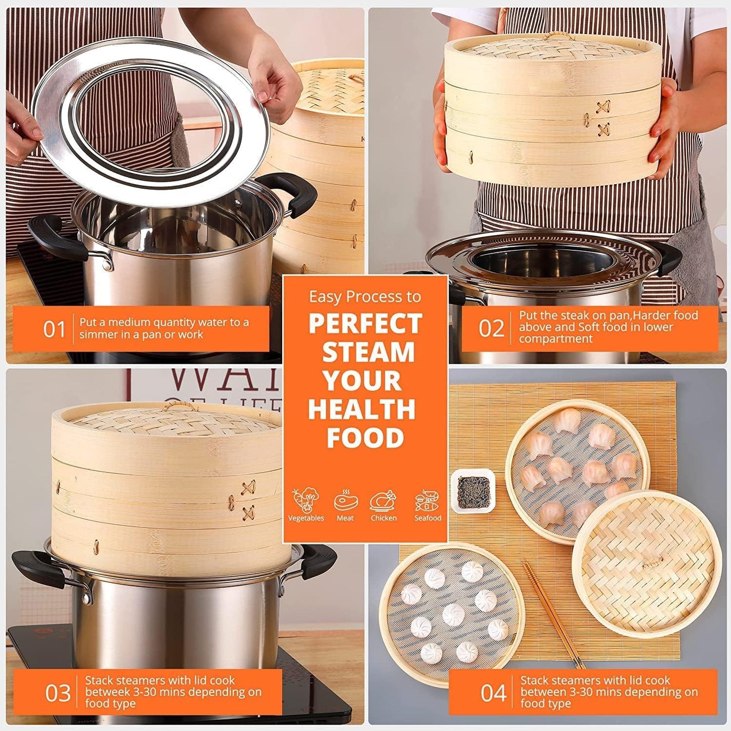 Handmade 8 Inch Bamboo Steamer Basket with Reusable Cotton Liners, 2 Tier Traditional Dumpling Food Steamer