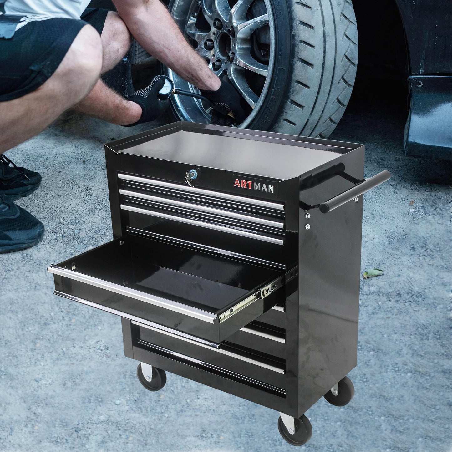 Aoile Tool Chest with 7-Drawer Tool Box Organizers and Storage,Rolling Multifunctional Tool Cart on Wheels,Tool Storage Organizer Cabinets with Key Locking for Garage, Warehouse, Repair Shop. (Black)