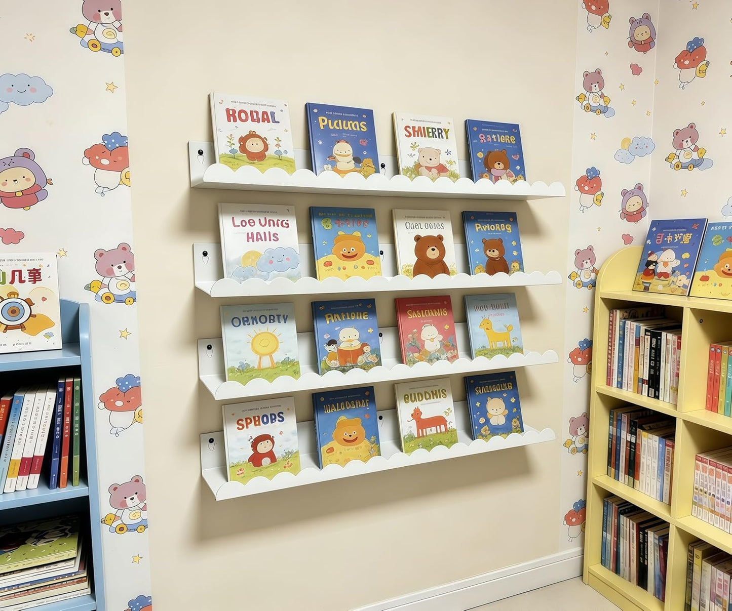 24 Inch Set 4, Nursery Book Shelves of White Metal Floating Shelves for Wall, Scalloped Cloud Book Shelf for Kids Room