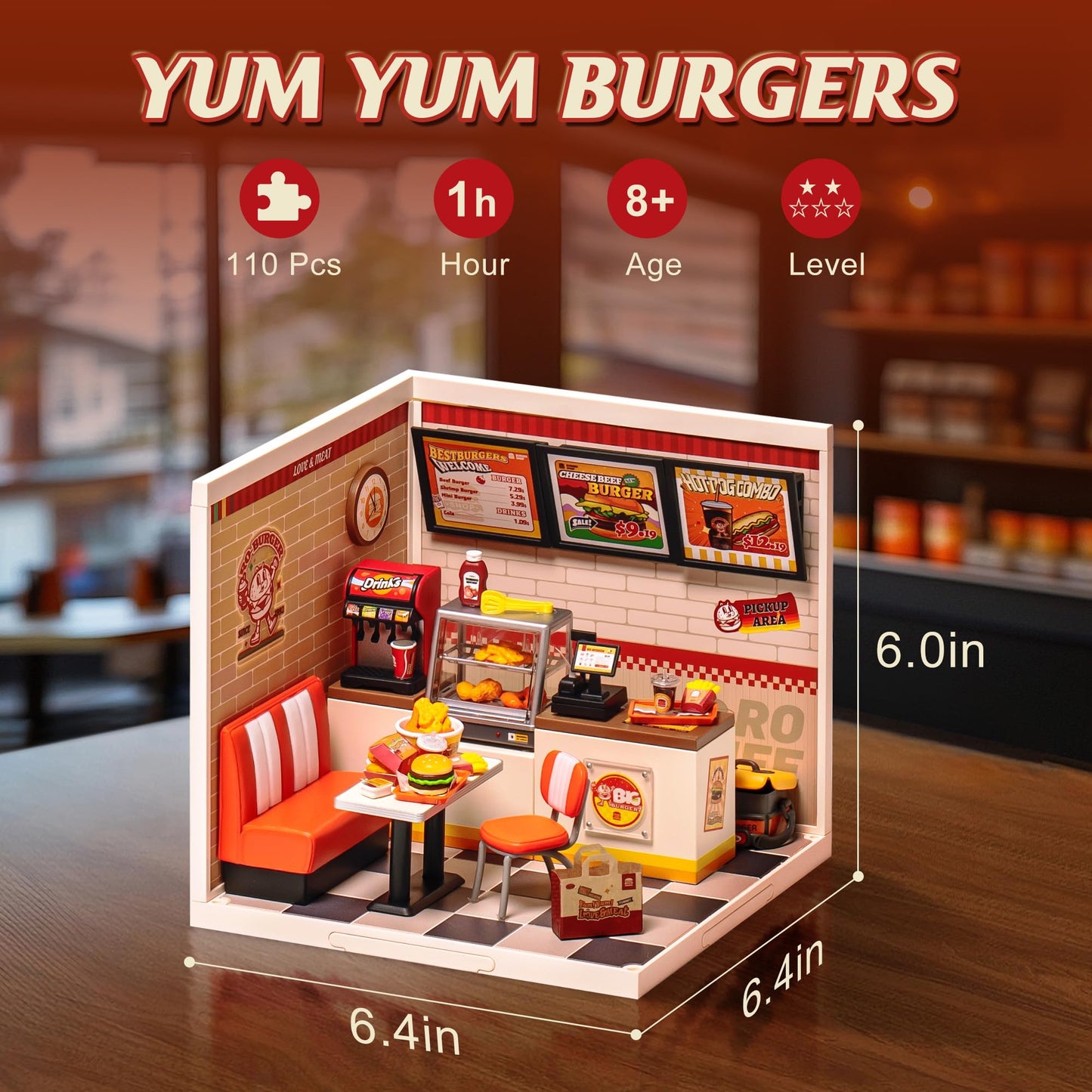 ROBOTIME Miniature House Kit DIY Plastic House Building Toy Set with LED Tiny Store Making Kit Model Craft Hobby Unique Gift (Yum Yum Burgers)