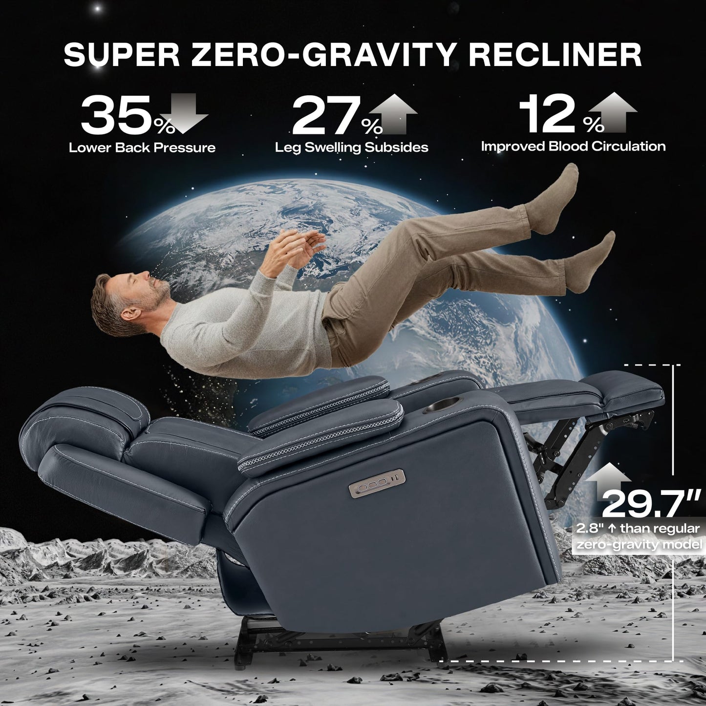Watson & Whitely Super Zero Gravity Recliner Chair, Oversized Genuine Leather Electric Recliner W Power Adjustable Headrest & Lumbar Support Hidden Storage for Living Room, Navy Blue