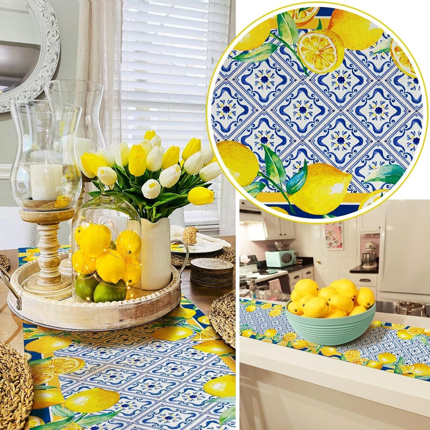 13x90 Inch Capri Blue Lemon Table Runner Italy Tile Burlap Artificial Yellow Lemon Fruit Table Runners Farmhouse Coffee